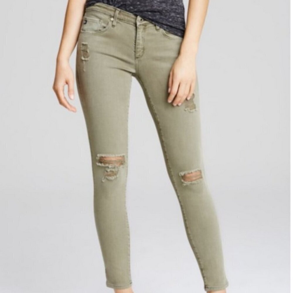 AG Adriano Goldschmied The Legging Super Skinny‎ Ankle Jeans Olive Distressed 26